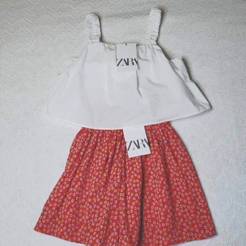 COPY Zara Girls 10 White Cropped Tank Top & Red Flora Flowy Shorts Summer Outfit